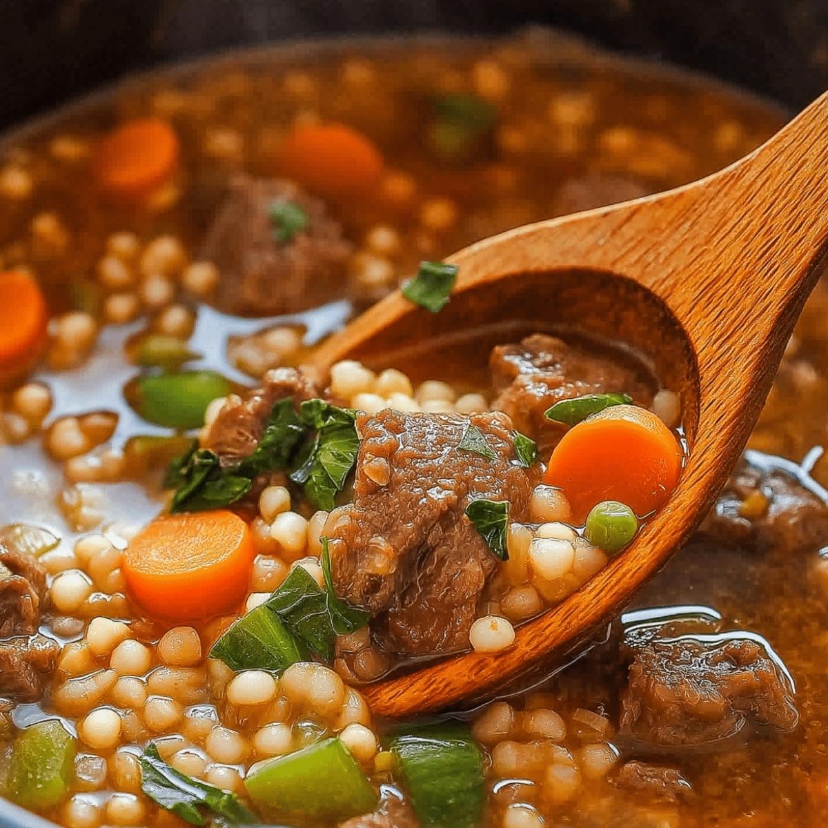 A close-up of a pot of hearty beef barley soup. The soup is filled with tender chunks of beef, barley, carrots, and other vegetables, all simmering in a rich broth.