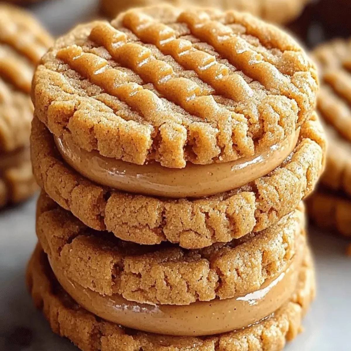 A close-up of a stack of peanut butter cookies. The cookies are golden brown and have a creamy peanut butter filling between them.