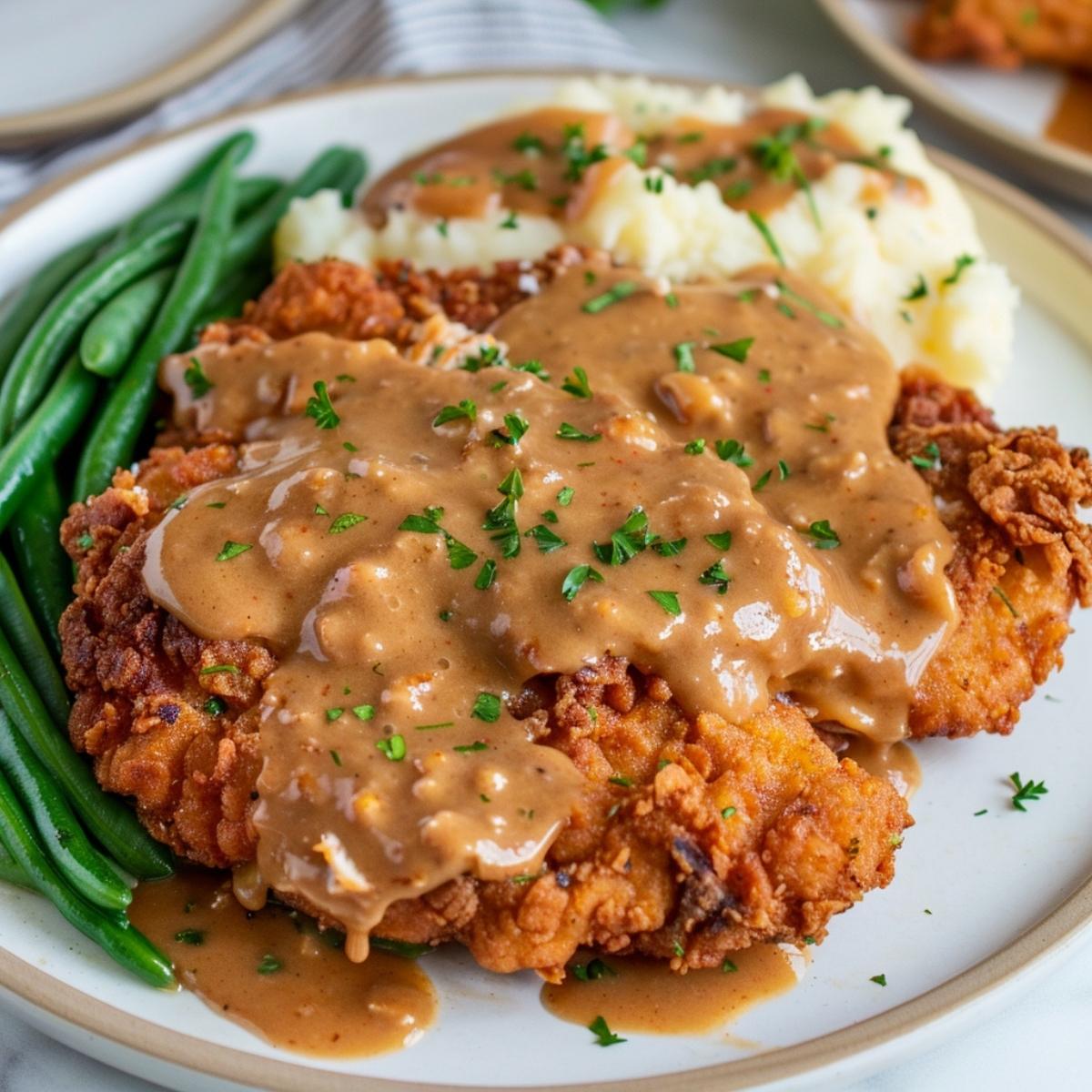 A plate of crispy, golden-brown chicken fried steak smothered in a rich, creamy gravy.