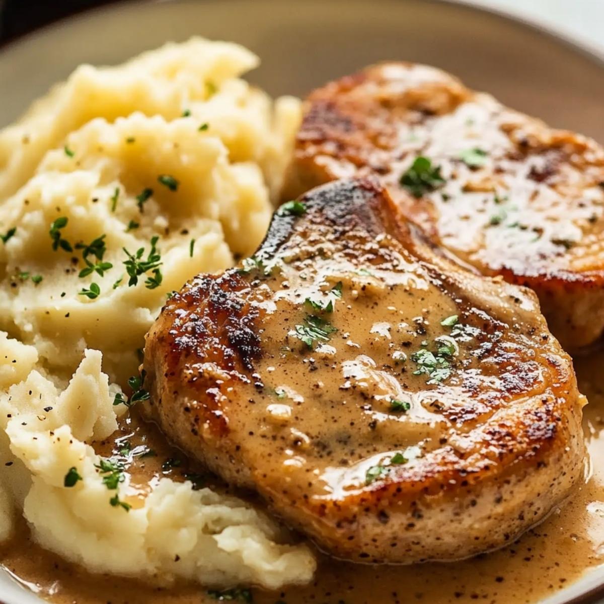 A plate of juicy pork chops smothered in a creamy, savory sauce, served alongside a generous mound of fluffy mashed potatoes.