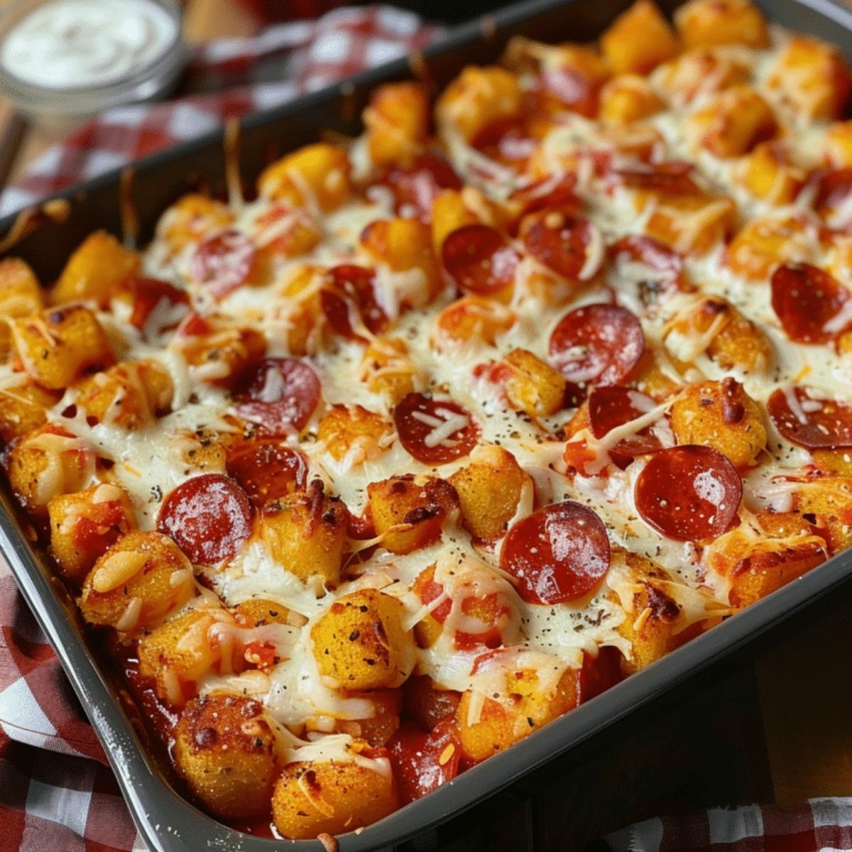 A cheesy and delicious pizza tater tot casserole. The casserole is topped with melted cheese, pepperoni slices, and a sprinkle of herbs. It looks like a comforting and satisfying meal.