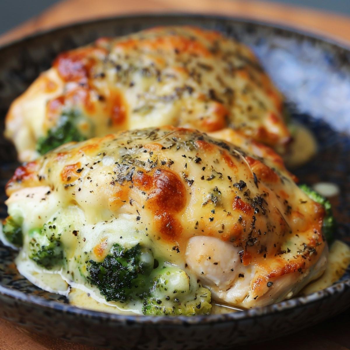 A close-up of two golden-brown chicken breasts stuffed with broccoli and topped with melted cheese. 