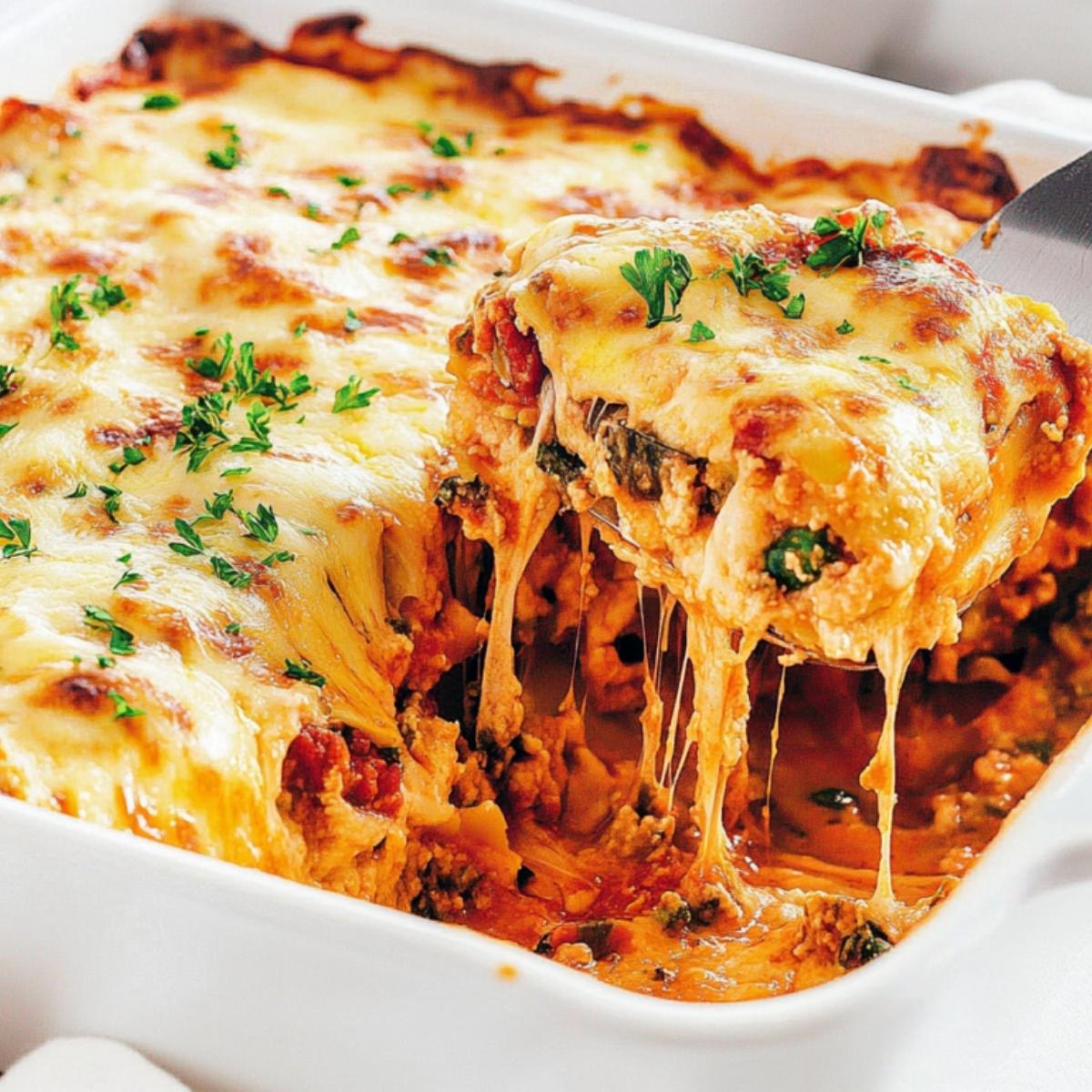 A golden-brown lasagna bubbling in a baking dish. The cheese is melted and stringy, and the layers of pasta, sauce, and vegetables are visible.