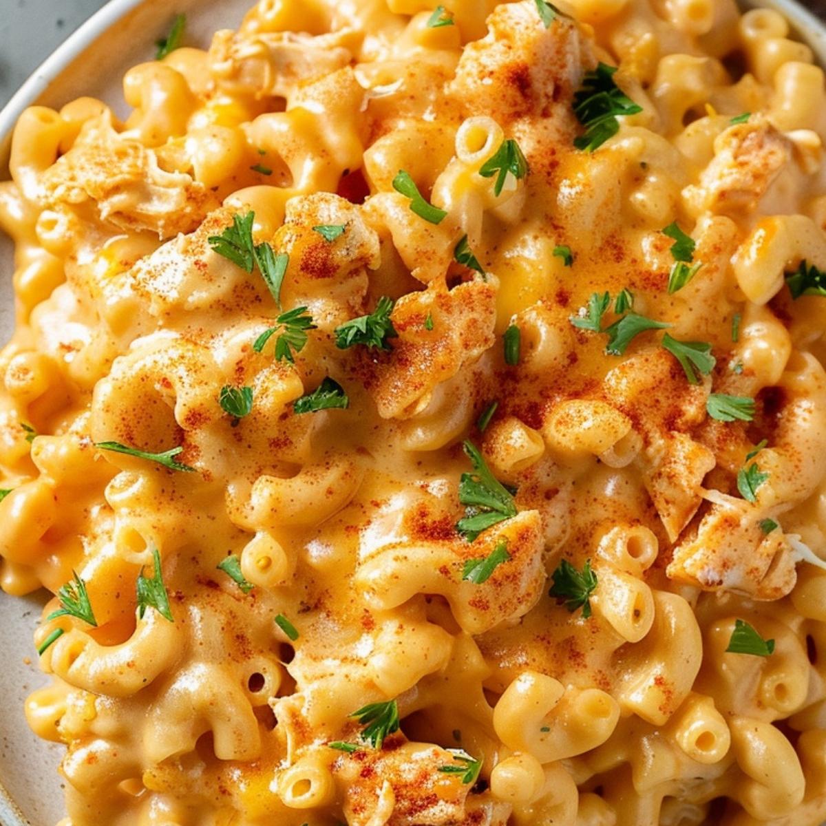 A close-up of a creamy and cheesy Buffalo chicken mac and cheese. The dish is topped with shredded cheese, chopped parsley, and a sprinkle of red pepper flakes, adding a touch of spice.