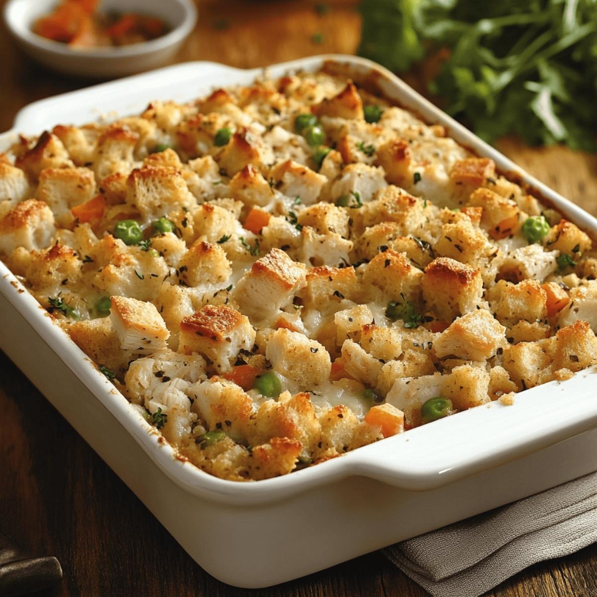 A golden-brown chicken pot pie casserole, bubbling in a white baking dish.