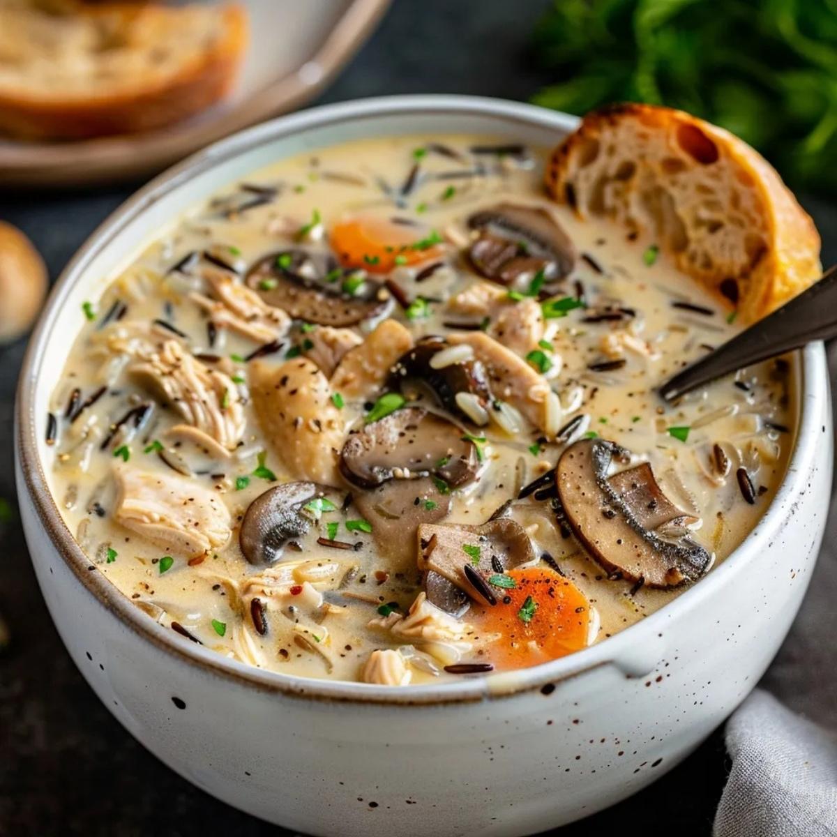 A bowl of creamy chicken and wild rice soup with mushrooms and carrots.