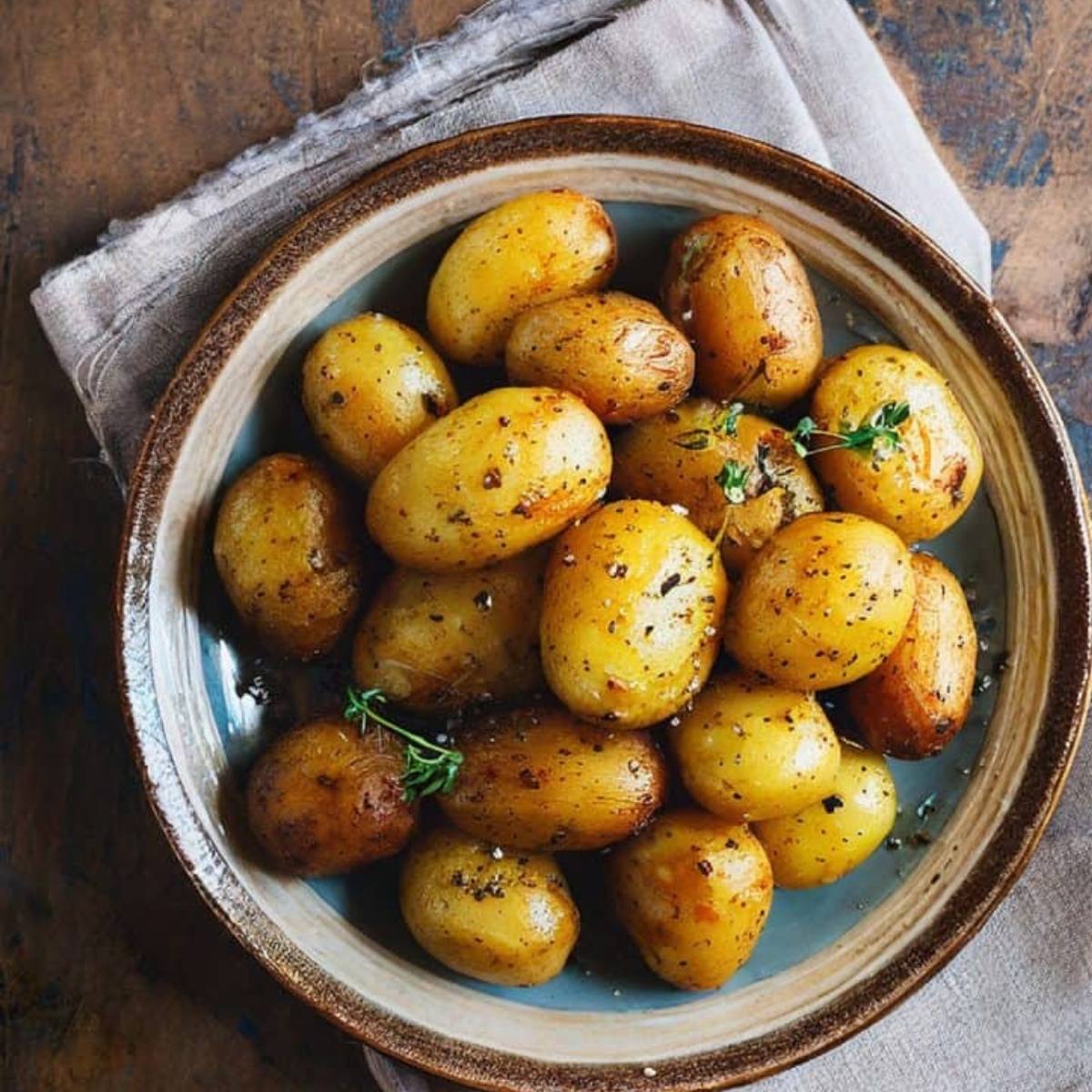 A bowl of air fried baby potatoes. The potatoes are golden brown and seasoned with salt and herbs. They look delicious and perfect for a side dish.