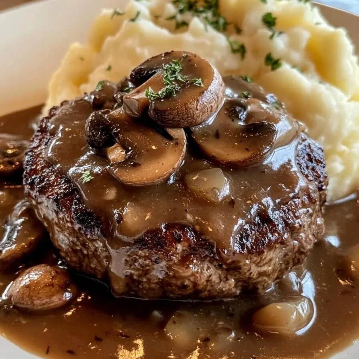 A juicy Salisbury steak smothered in a rich, savory mushroom gravy and served over a bed of fluffy mashed potatoes. 