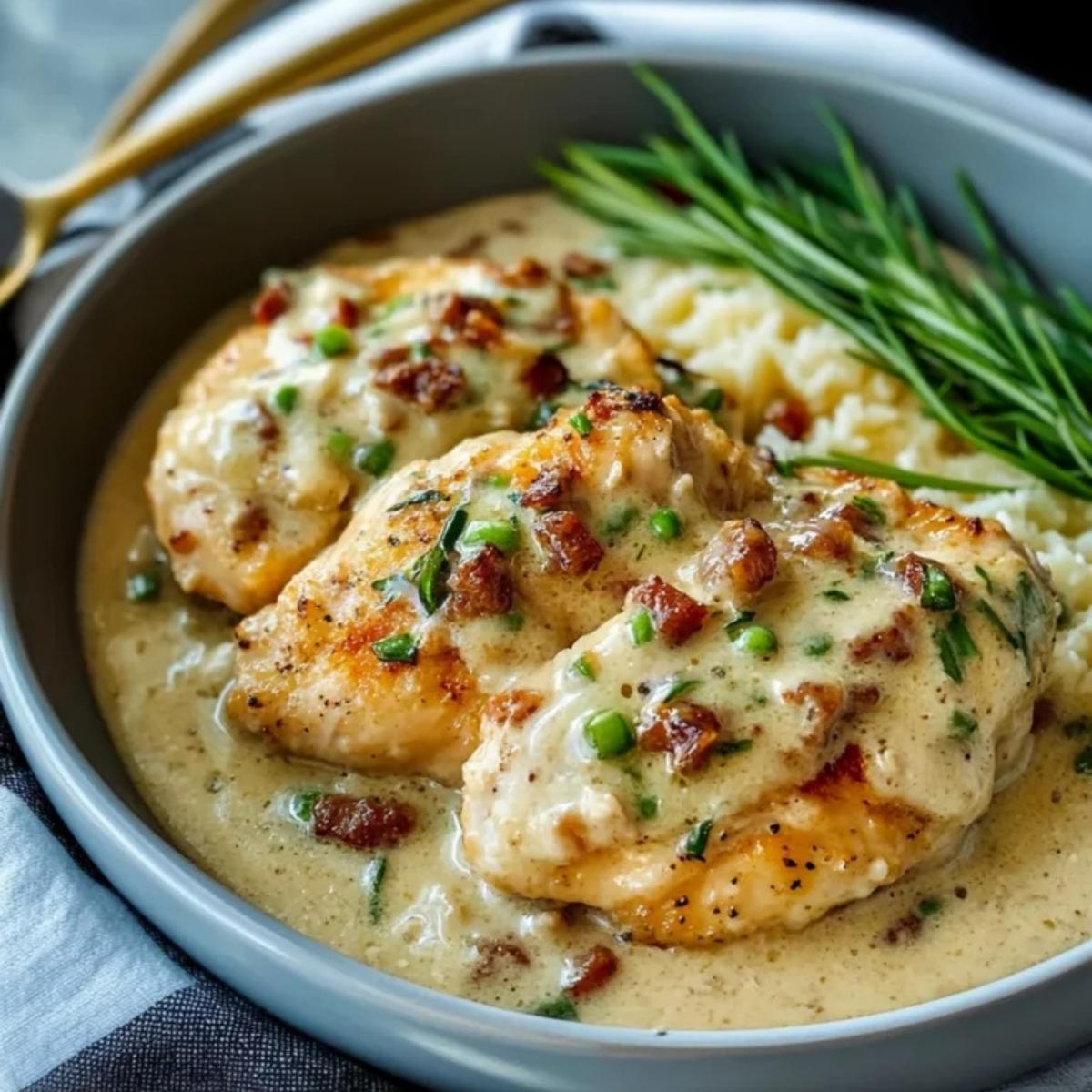 A plate of succulent chicken breasts smothered in a creamy, savory sauce with bacon and peas. 