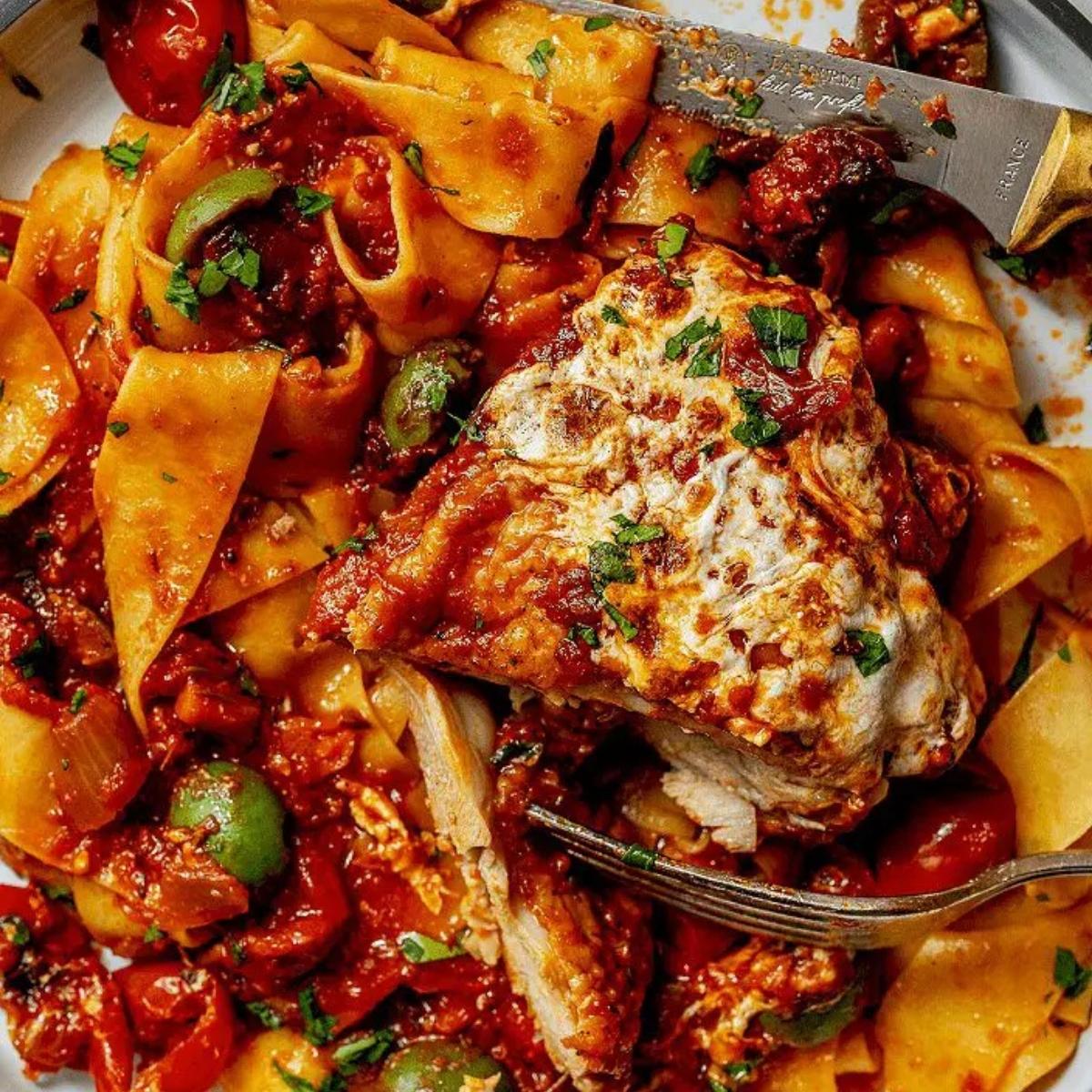 A plate of Chicken Cacciatore with pappardelle pasta. The chicken is cooked in a rich tomato sauce with olives, peppers, and onions, and served over a bed of wide, ribbon-like pasta.