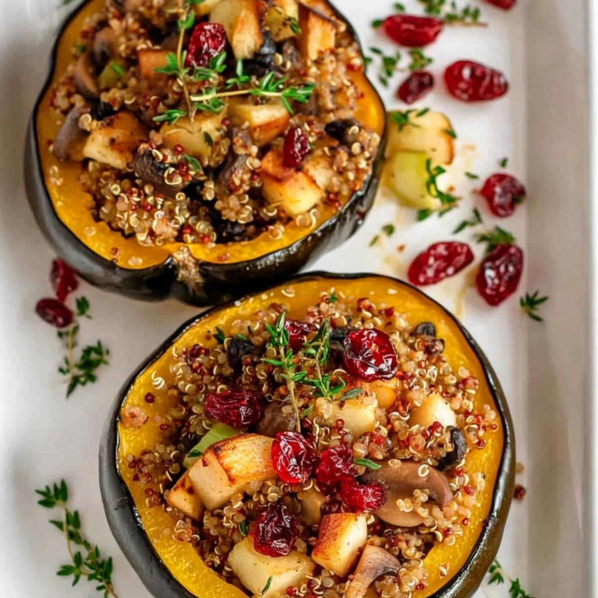 A close-up of two acorn squash halves filled with a colorful and flavorful quinoa stuffing.