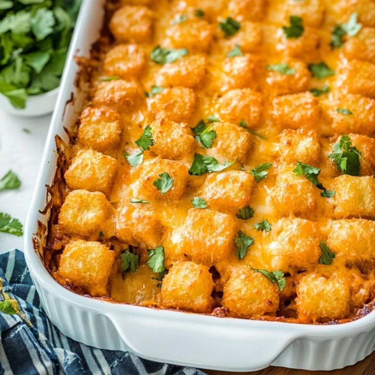 A golden-brown tater tot casserole, topped with melted cheese and fresh cilantro. It looks like a comforting and cheesy dish, perfect for a hearty meal.