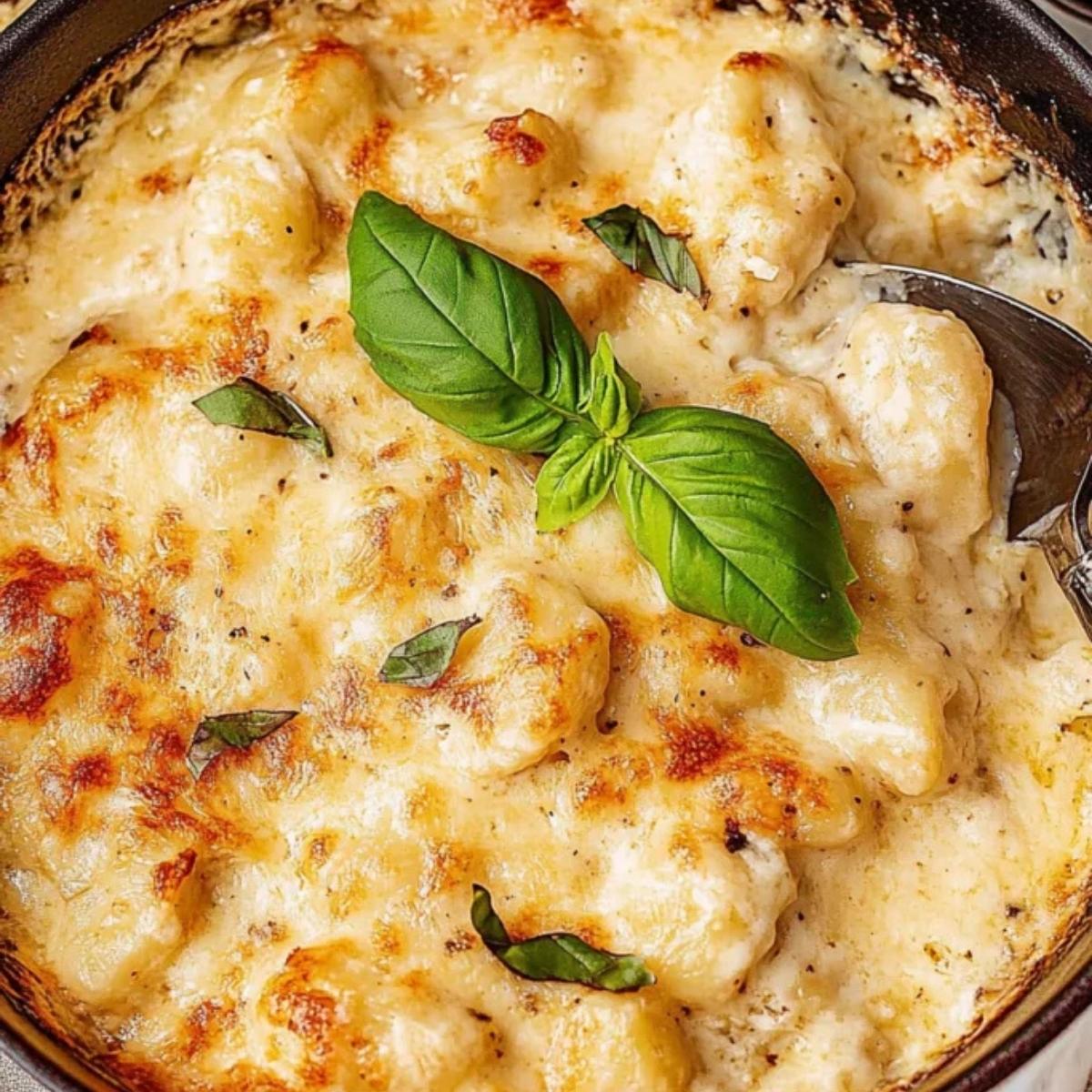 A close-up of a skillet filled with creamy, cheesy gnocchi bake. The gnocchi is topped with melted cheese, fresh basil leaves, and a sprinkle of herbs.