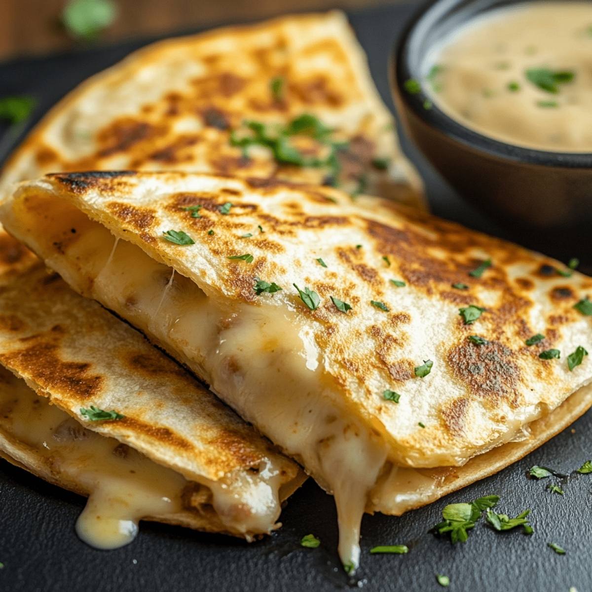 A close-up of a plate of golden-brown quesadillas with melted cheese oozing out. The quesadillas are sprinkled with fresh parsley and served with a small bowl of dipping sauce.