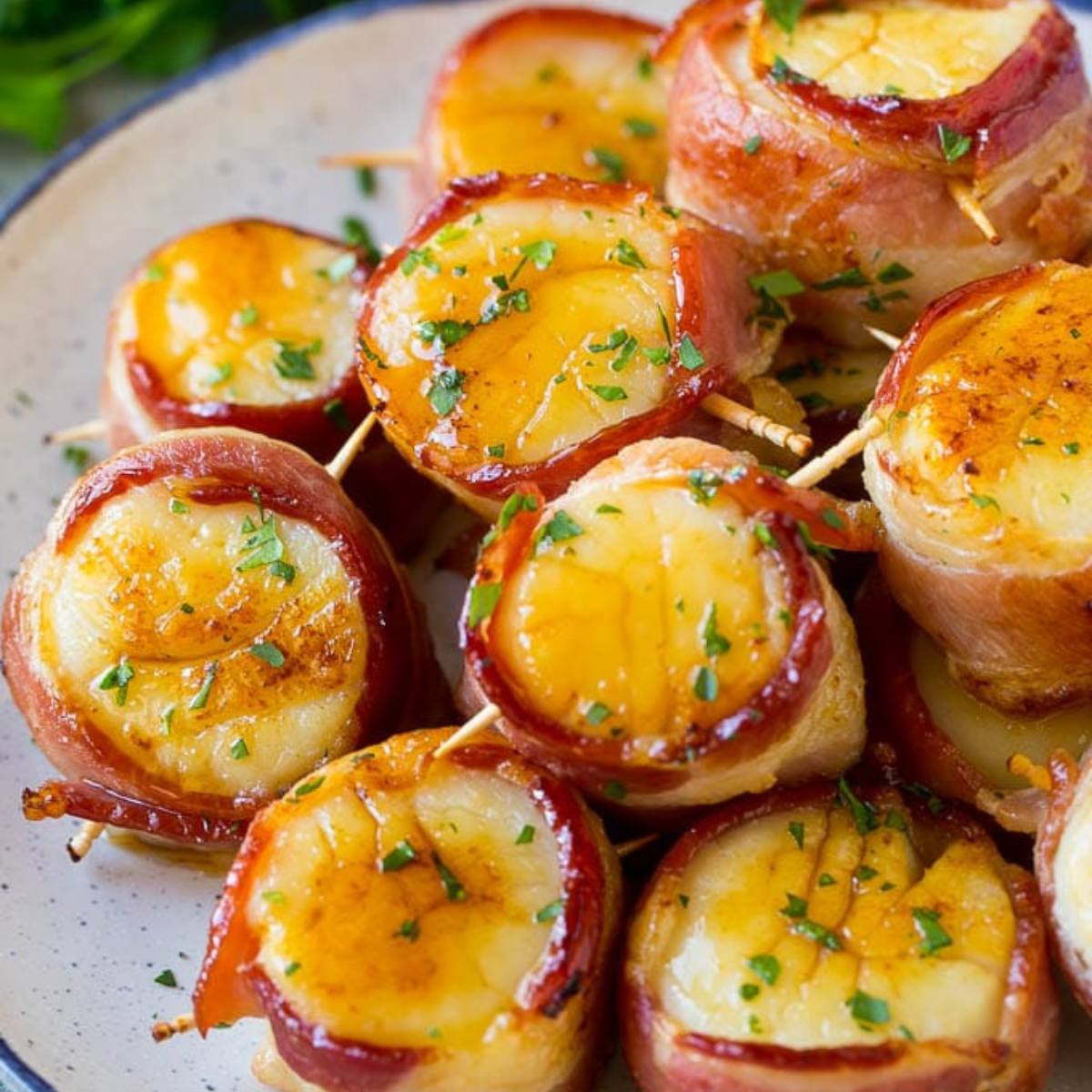 A plate of bacon-wrapped scallops, cooked to a golden brown and garnished with fresh parsley.