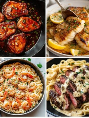 A visual feast of four delectable dishes: succulent pork chops glazed to perfection, flaky white fish bathed in a buttery sauce, plump shrimp simmering in a creamy sauce, and a juicy steak smothered in a rich, creamy sauce, all served alongside pasta.