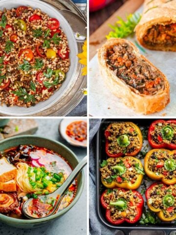 A vibrant collection of vegan dishes showcases the diversity and appeal of plant-based cuisine, from colorful grain bowls to savory pastries and hearty soups.