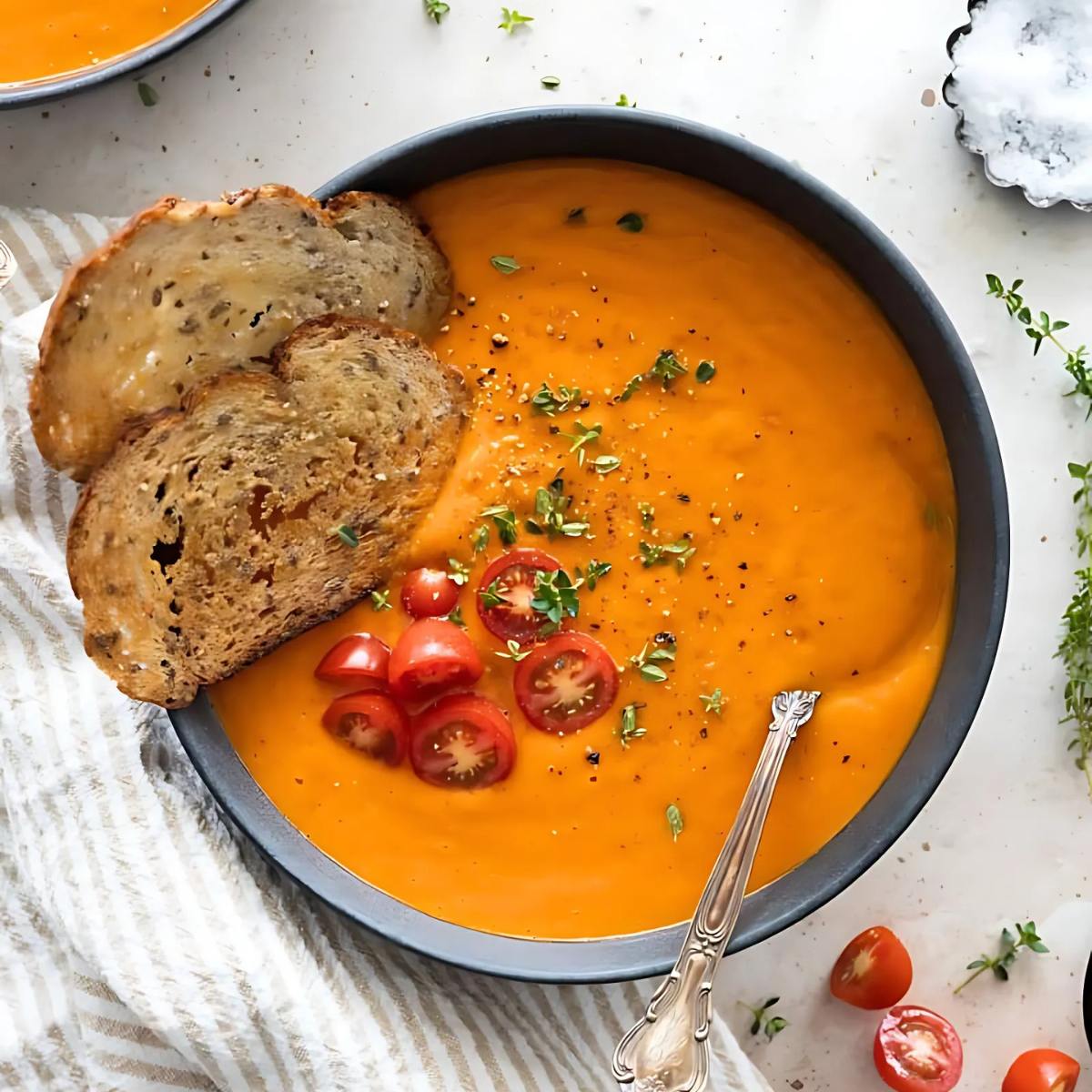 A bowl of creamy, vibrant orange tomato soup garnished with fresh thyme, cherry tomatoes, and two slices of toasted bread.