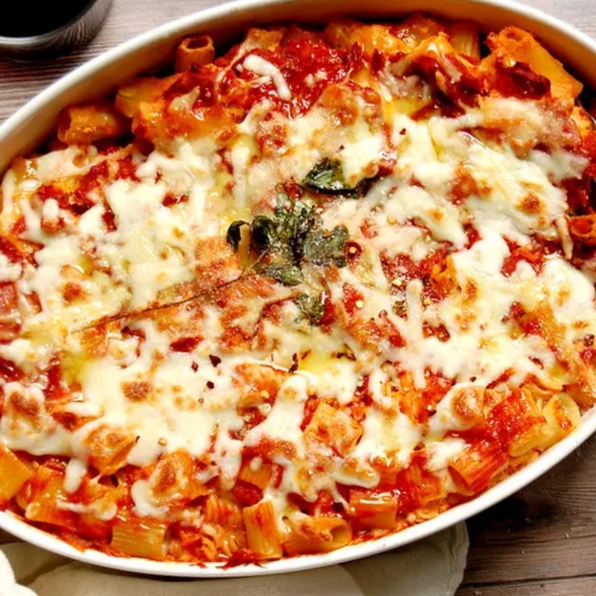 A baked ziti casserole with golden, melted cheese on top, mixed with tomato sauce and pasta, garnished with fresh basil, served in a white dish.