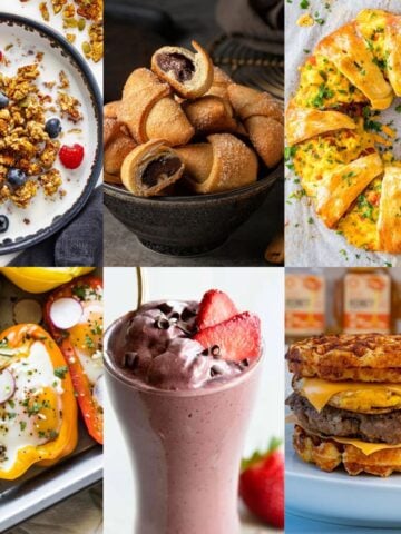 A collage of six delicious low-carb breakfast recipes. The top-left image features a bowl of yogurt topped with granola, blueberries, and raspberries. The top-middle image shows a bowl filled with golden-brown crescent rolls stuffed with chocolate. The top-right image presents a breakfast crescent ring filled with eggs, cheese, and herbs, baked to a golden crisp. The bottom-left image displays colorful bell peppers stuffed with eggs and garnished with radish slices and parsley. The bottom-middle image showcases a thick, creamy berry smoothie in a glass, topped with fresh strawberries and mini chocolate chips. The bottom-right image features a stacked breakfast sandwich made with crispy waffle buns, sausage patties, eggs, and melted cheese