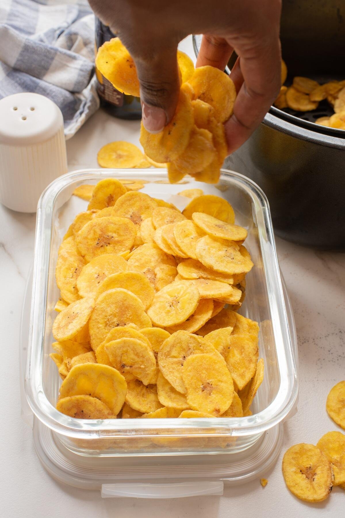 air fryer plantain chips in a box