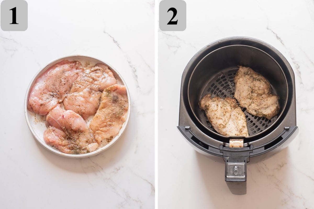 Pat chicken dry, toss with oil and seasonings, then air fry at 380ยฐF (190ยฐC) for 10โ12 minutes, flipping halfway, until cooked through.