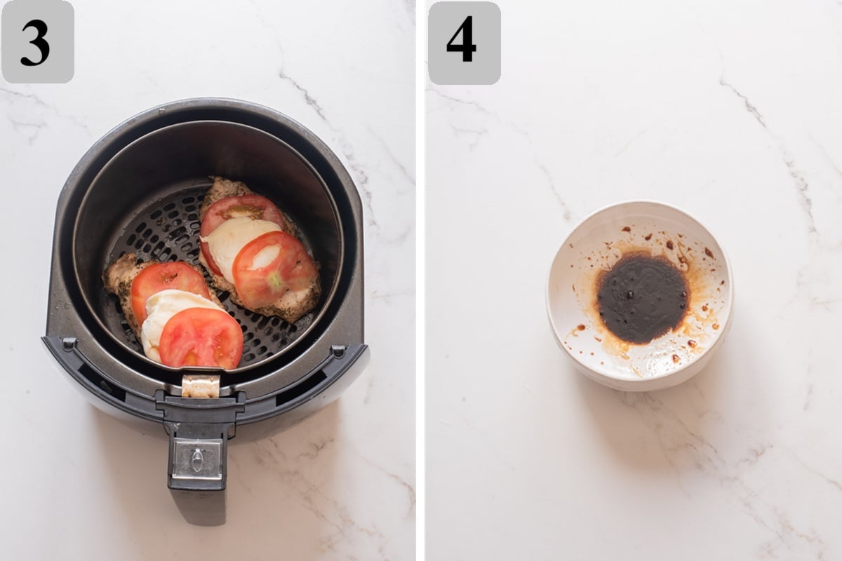 Top chicken with tomato and mozzarella, air fry 2โ3 minutes to melt, then whisk balsamic, honey, and oil into a drizzle.