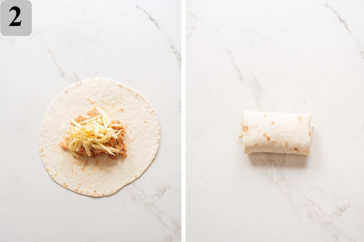 Lay the tortillas flat, add about ยผ of the filling to the lower third, sprinkle with cheese, then fold in the sides and roll tightly like a burrito to keep everything neatly inside.