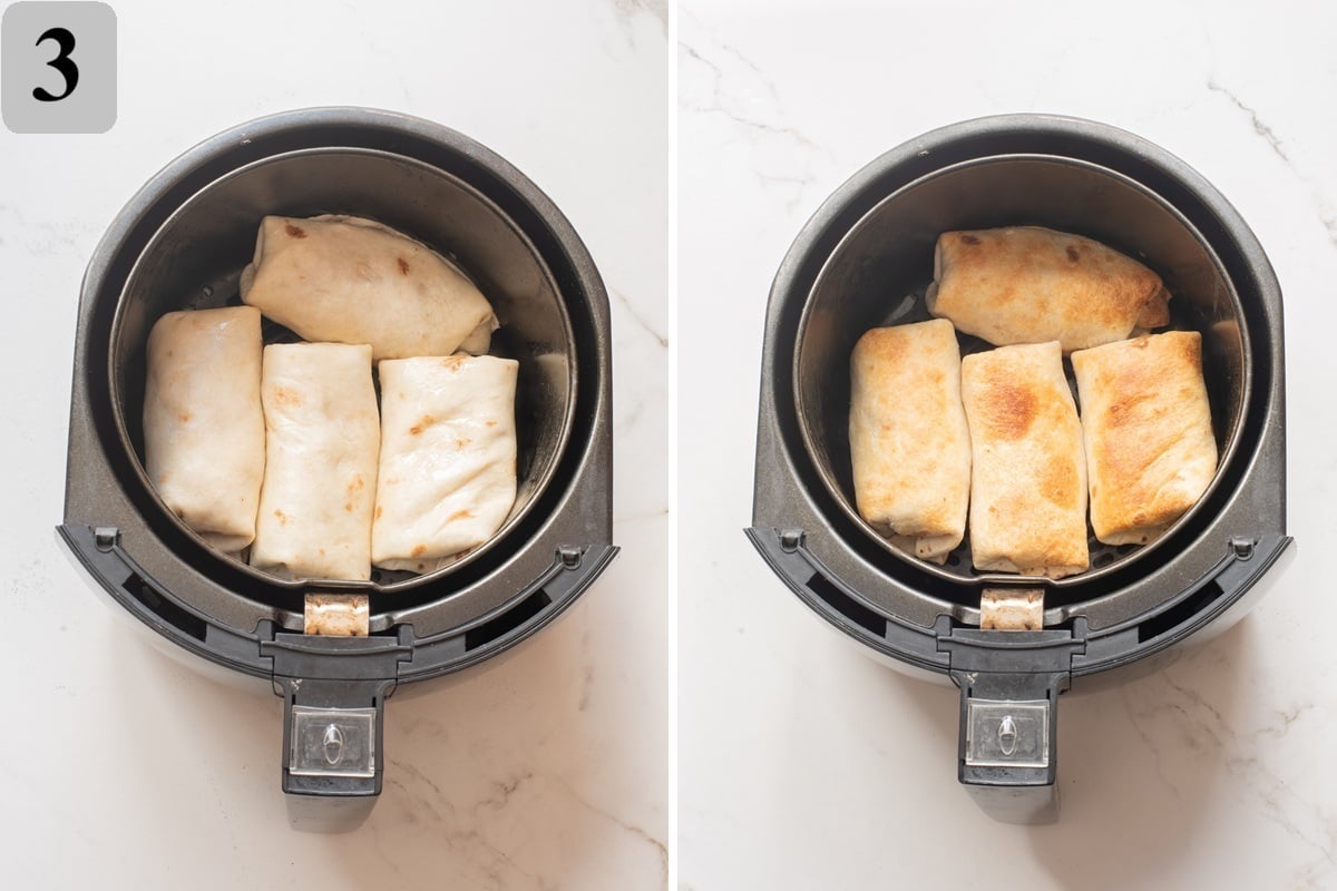 Preheat the air fryer to 375ยฐF (190ยฐC), lightly brush the chimichangas with oil, place them seam-side down without overcrowding, and cook for 10โ12 minutes, flipping halfway, until crispy and golden.