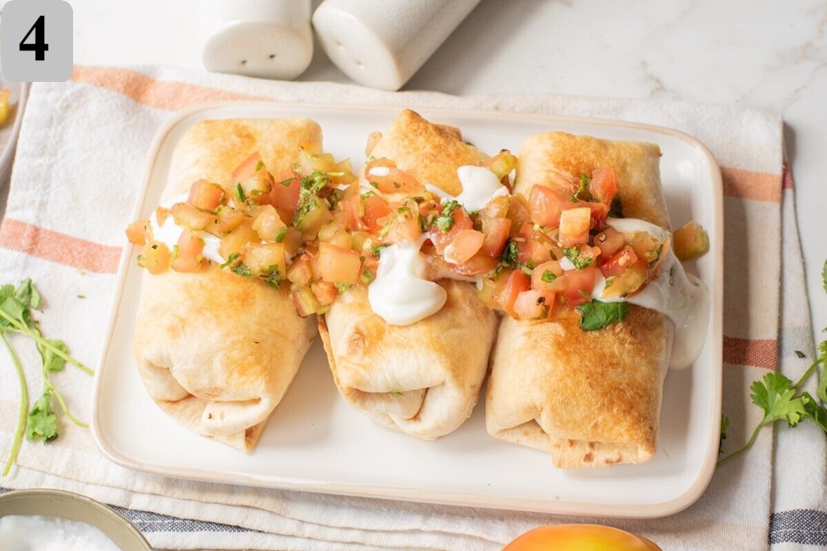 Serve the air fryer chimichangas hot, topped with sour cream, guacamole, pico de gallo, or extra salsaโcustomize them however you like.