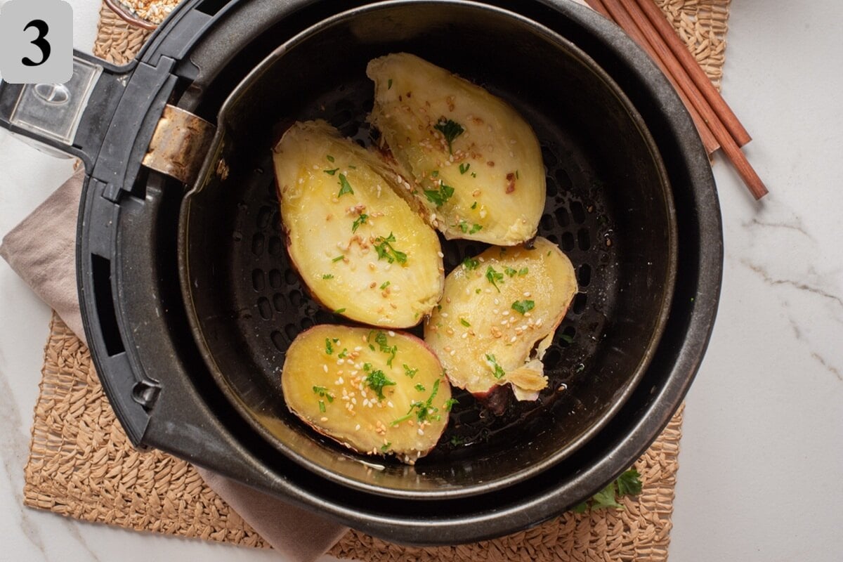 Slice open lengthwise and fluff the centers with a fork. Top with butter, honey, sesame seeds, miso butter, or keep them simple and enjoy as-is.