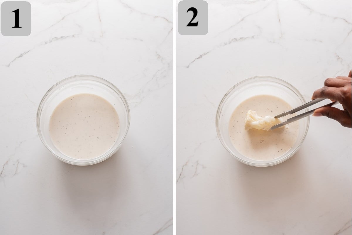 Whisk a thick batter, dip the cauliflower, and place the coated florets on a lined tray.
