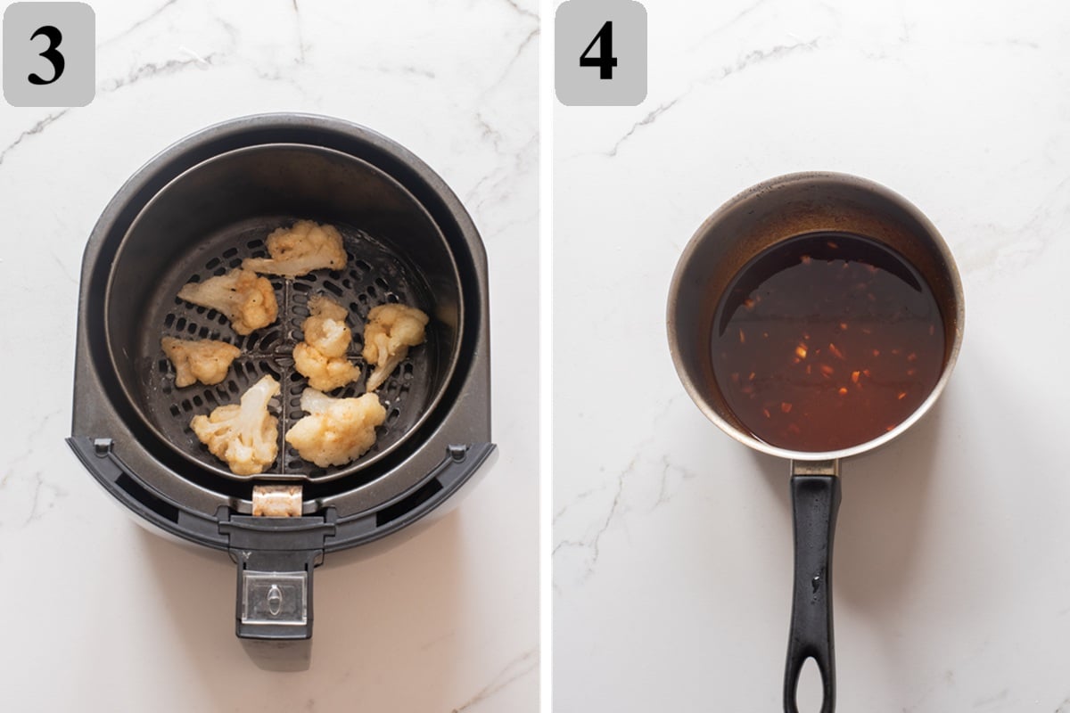 Preheat to 400ยฐF (200ยฐC), air fry cauliflower in a single layer for 10โ12 minutes until crispy, then simmer gochujang, soy, honey, vinegar, garlic, and sesame oil into a glossy sauce.