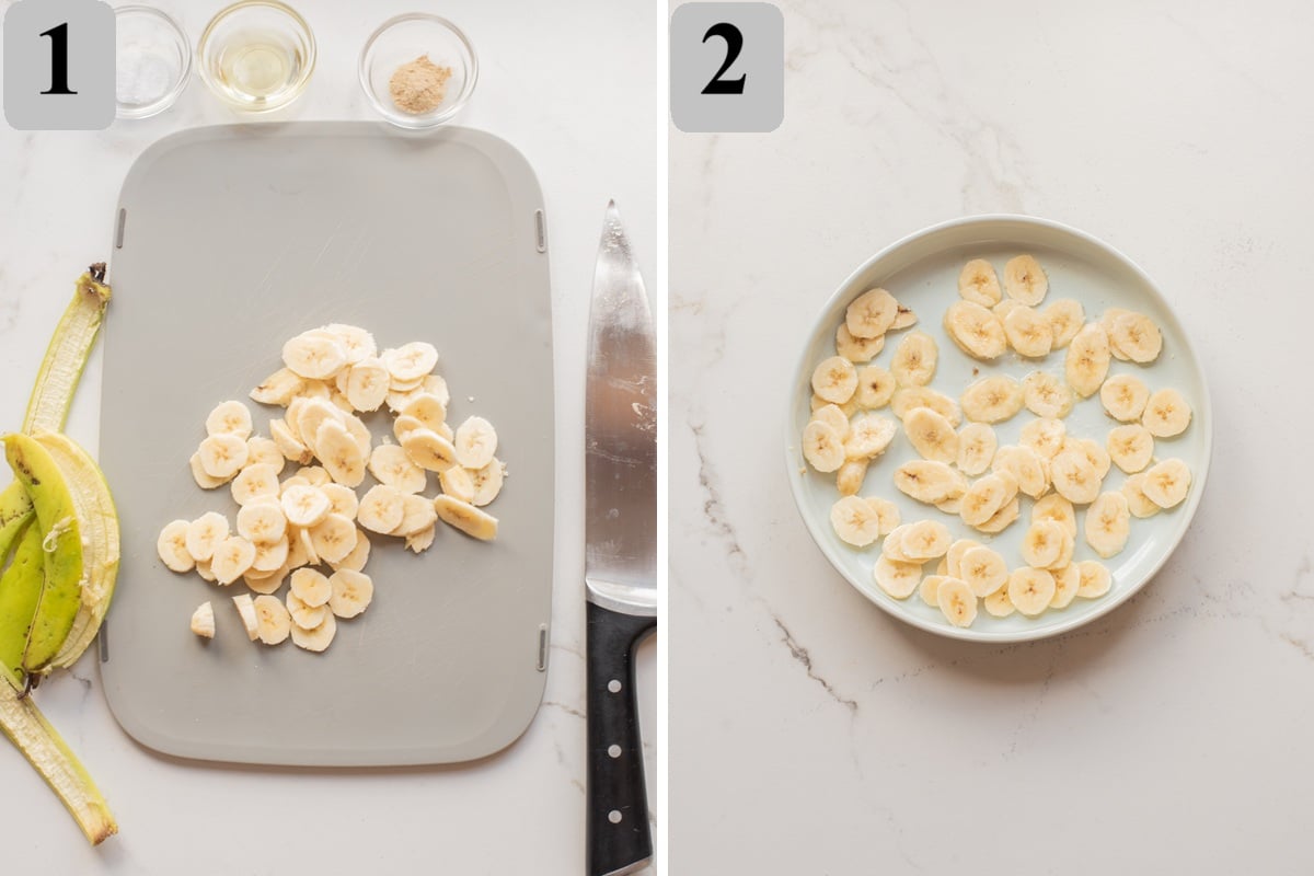 Trim the ends, peel and thinly slice the plantains, then toss with olive oil, salt, and garlic powder until evenly coated.