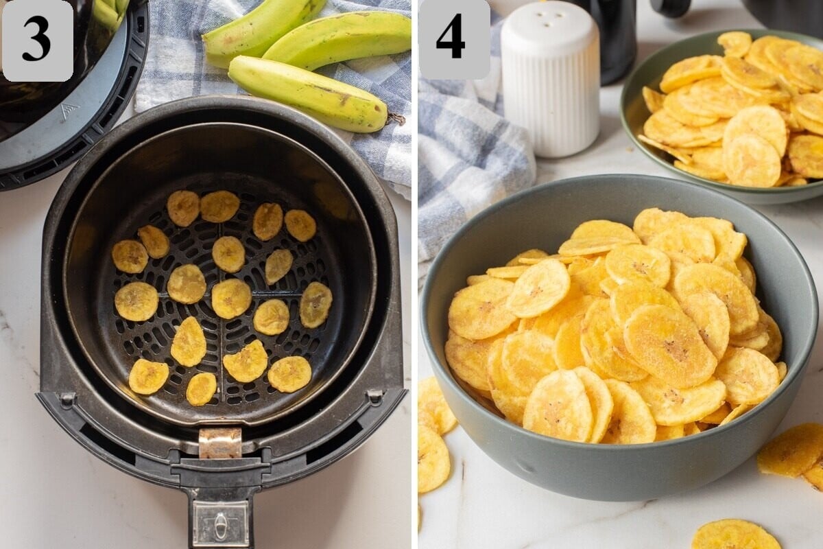 Preheat to 350ยฐF (175ยฐC), air fry plantain slices in a single layer for 10โ15 minutes, shaking halfway, then cool completely to crisp and serve with your favorite dip.