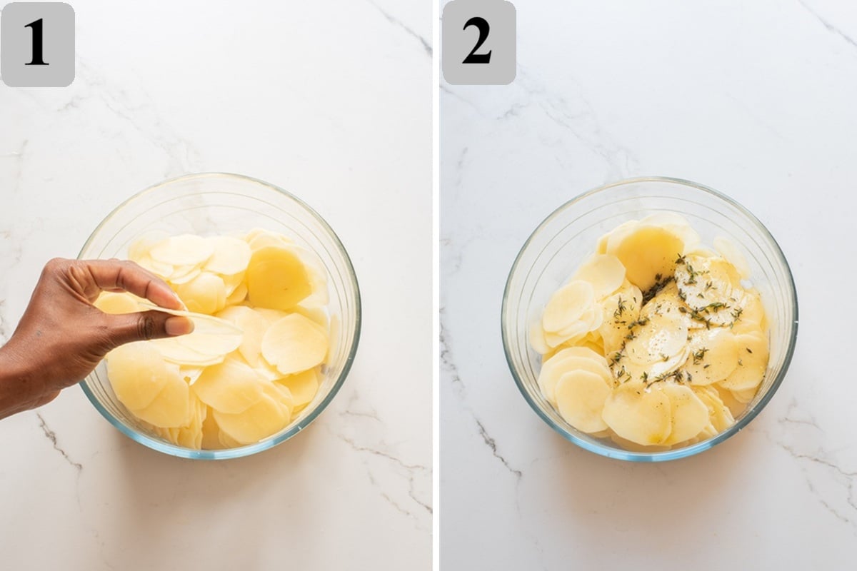 Slice potatoes paper-thin, pat dry, then toss with melted butter, olive oil, garlic, thyme, salt, and pepper until evenly coated.