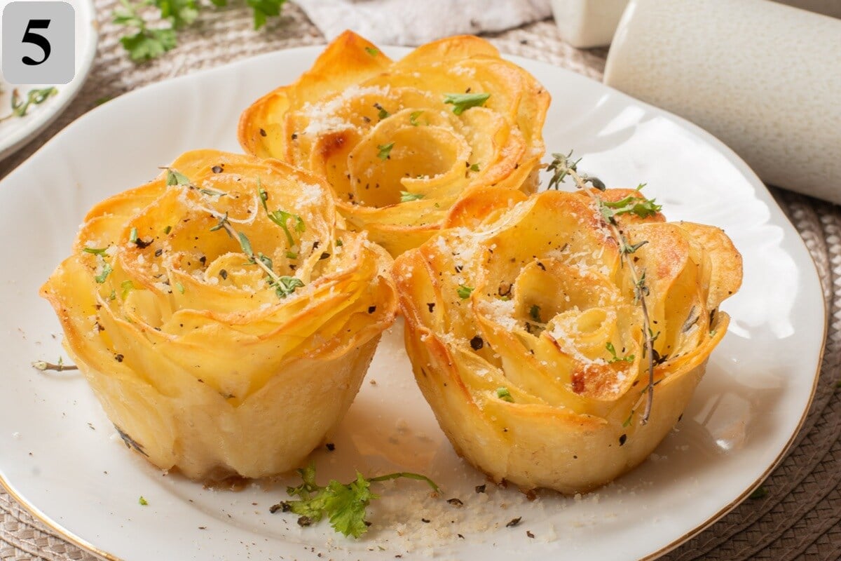 Remove the potato roses from the cups and serve warmโa stunning side that tastes as good as it looks.