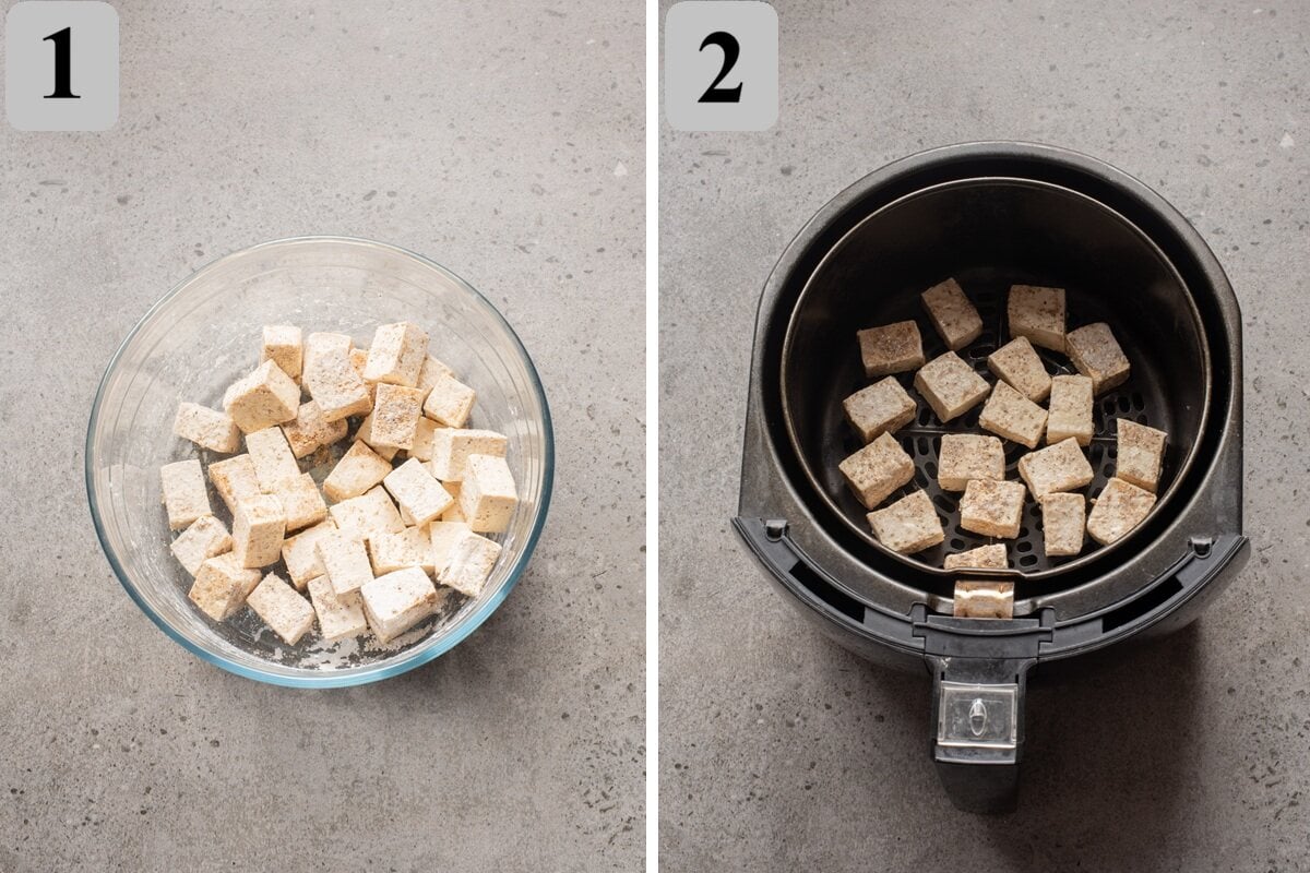 Press and cube tofu, toss with cornstarch and spices, then air fry at 390ยฐF (200ยฐC) for 18โ20 minutes, shaking halfway, until golden.