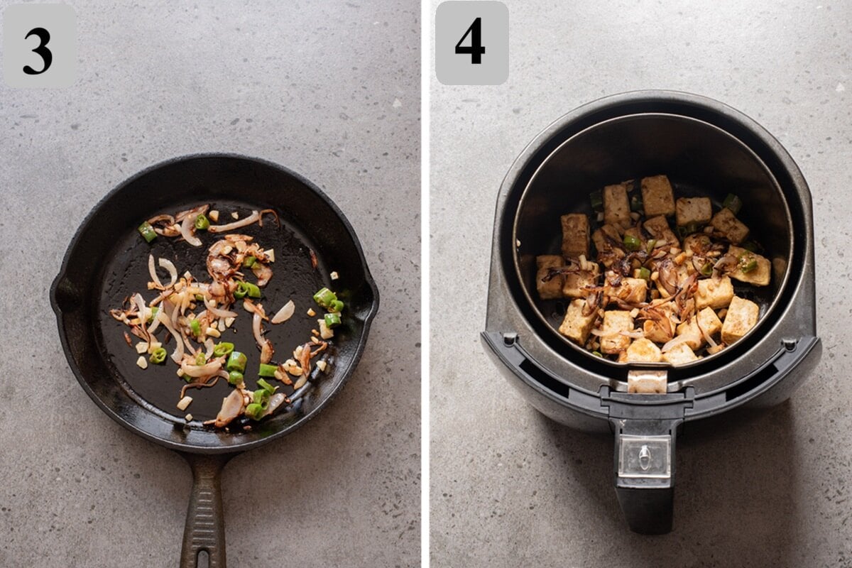 Sautรฉ onions in oil, add garlic and chilies, then toss in the crispy tofu until evenly coated.