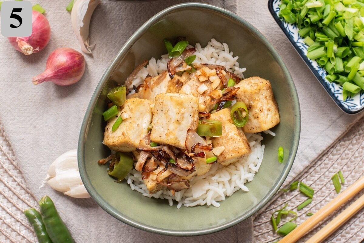 air fryer salt pepper crispy tofu with rice