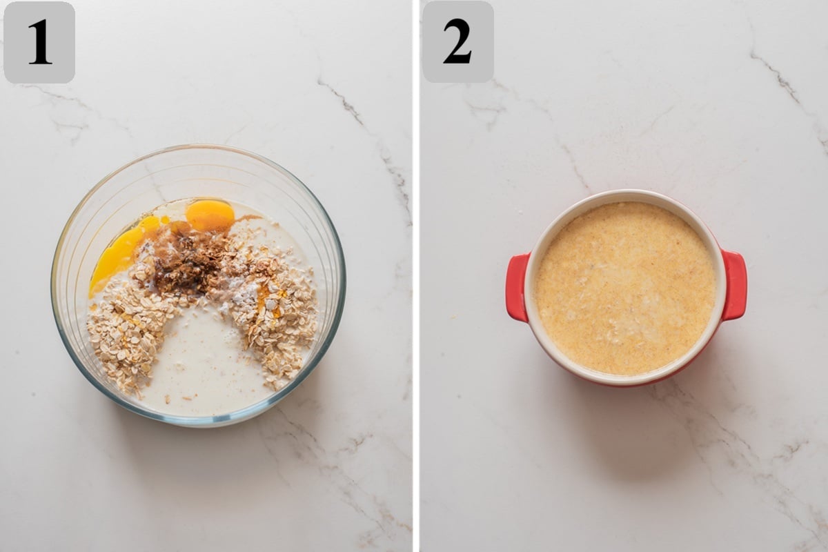 Mix oats, milk, eggs, maple, vanilla, baking powder, cinnamon, and salt, let sit 2 minutes, stir in melted butter, and pour into a greased air fryerโsafe dish.