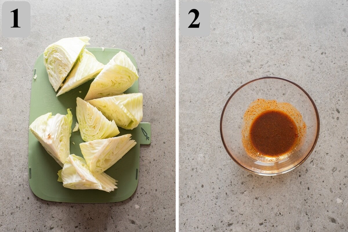 Cut cabbage into wedges, keep the core intact, then brush with seasoned oil and arrange in a single layer.