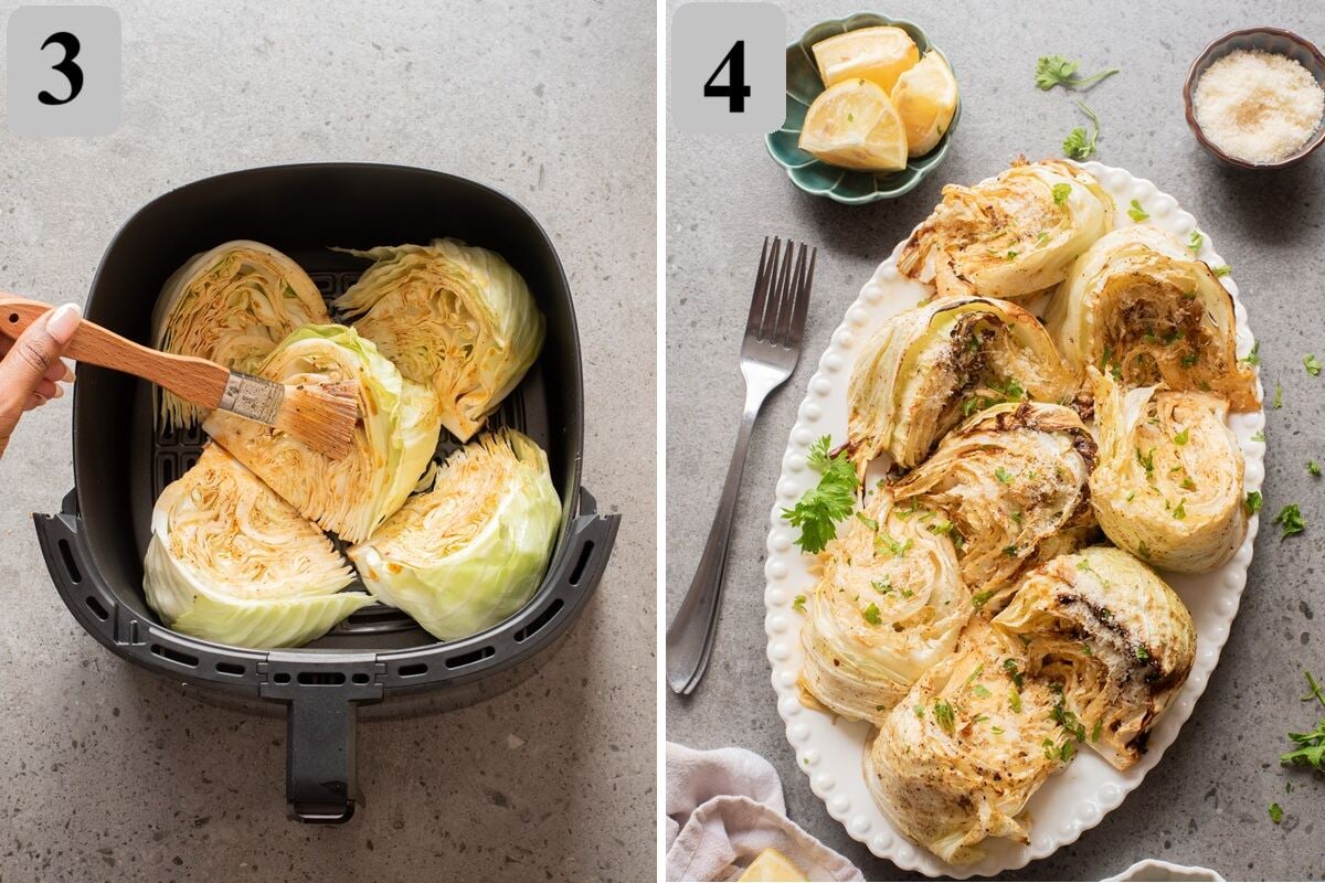 Air fry cabbage for 12โ15 minutes, flipping halfway, until golden and tender, then serve hot with lemon, Parmesan, or a dip if desired.
