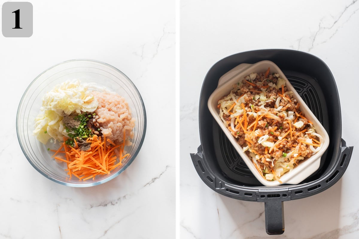 Mix chicken, oil, veggies, and seasonings, then air fry at 380ยฐF (195ยฐC) for 5โ6 minutes, stirring halfway, until cooked and slightly cooled.