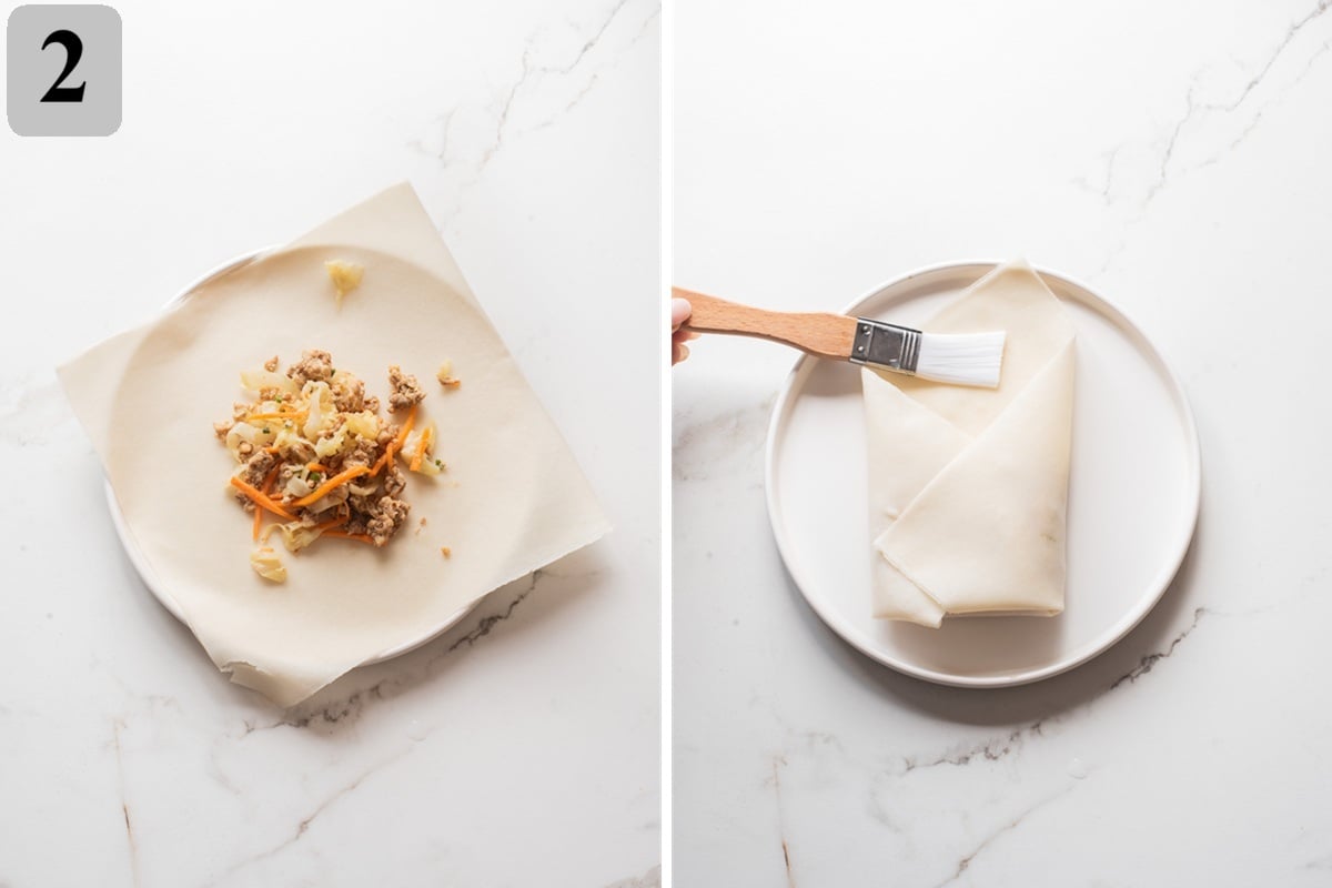 Place filling on a wrapper, roll tightly while folding in the sides, and seal with a little water.