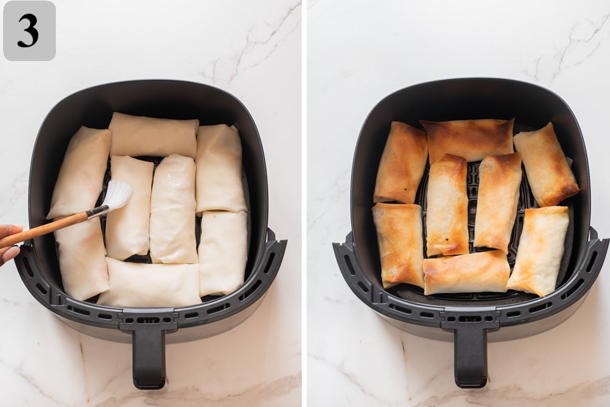 Lightly spray egg rolls, and air fry seam-side down for 10โ12 minutes, turning halfway, until golden and crispy.