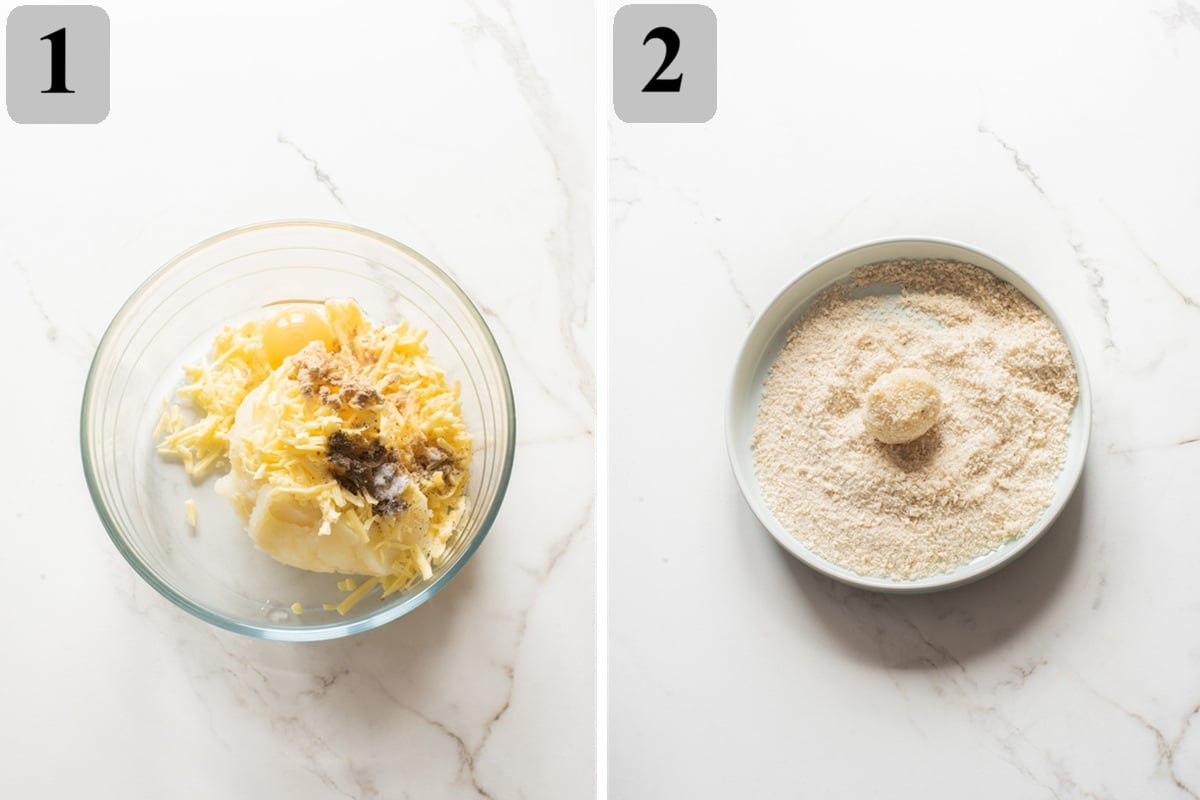 Mix mashed potatoes, cheese, egg, and seasonings, then scoop, roll into balls, and coat lightly with panko.