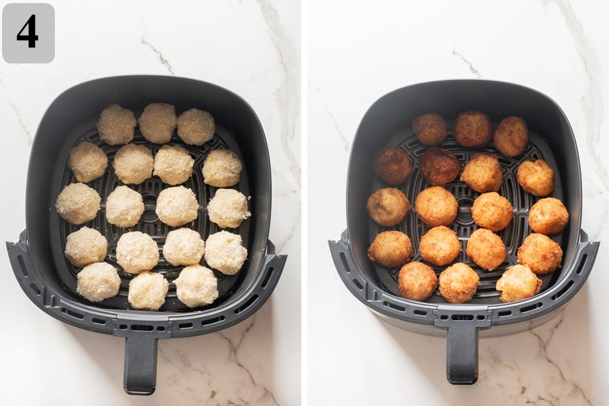 Air fry potato balls at 380ยฐF (195ยฐC) for 12โ15 minutes, spraying lightly with oil and shaking halfway, until golden and crispy.
