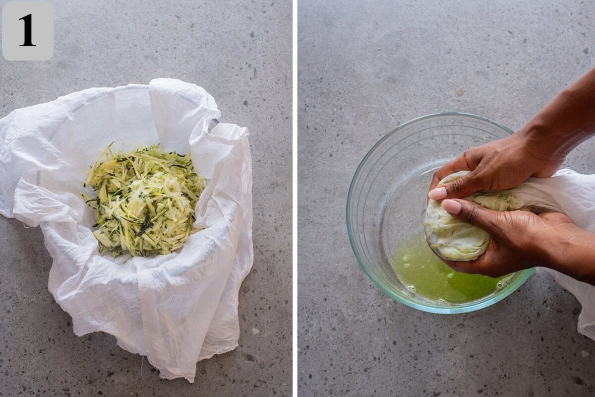 Grate the zucchini and carrot, then squeeze out as much moisture as possible from the zucchini.