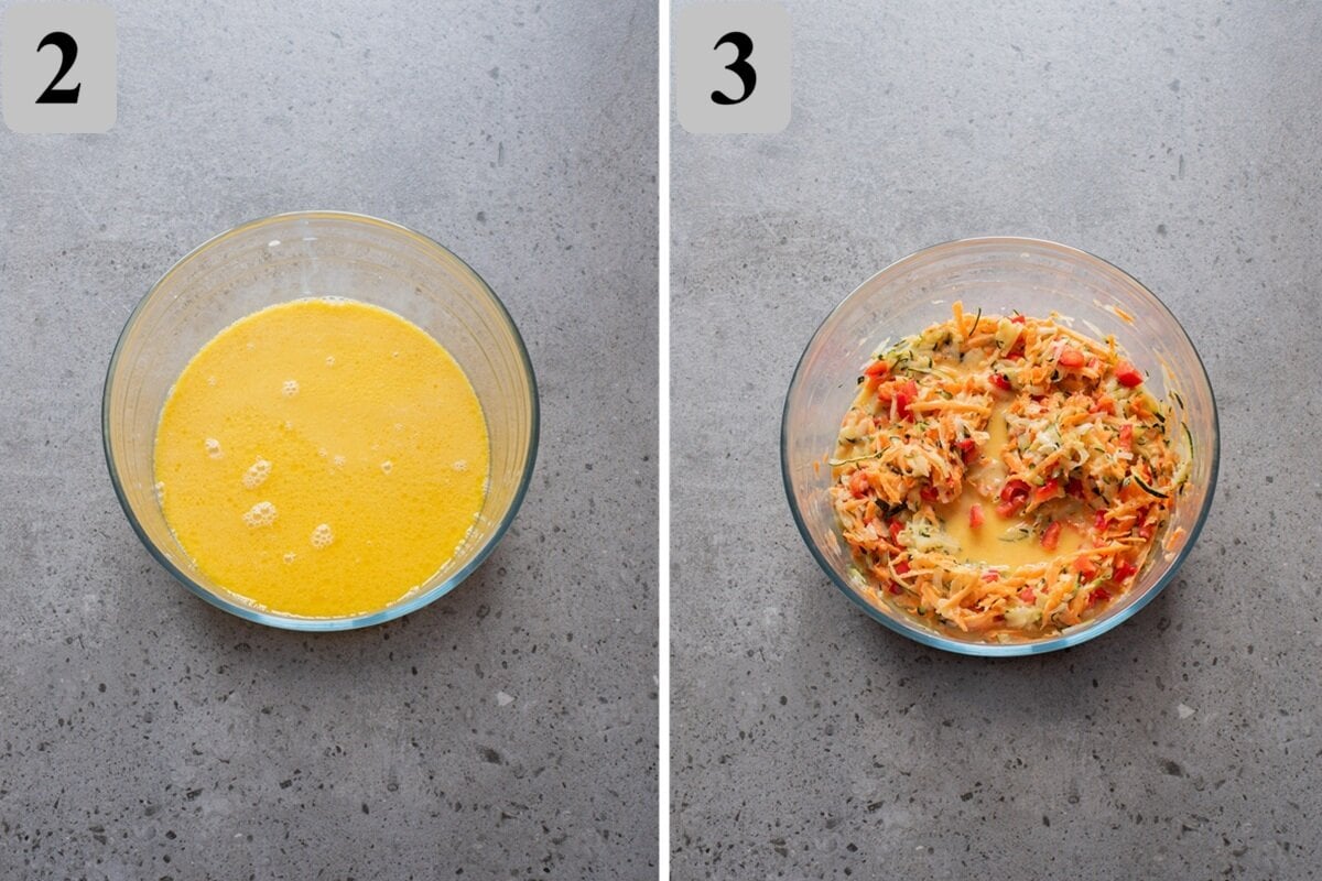 Whisk eggs, milk, and melted butter, then stir in zucchini, carrot, and bell pepper.